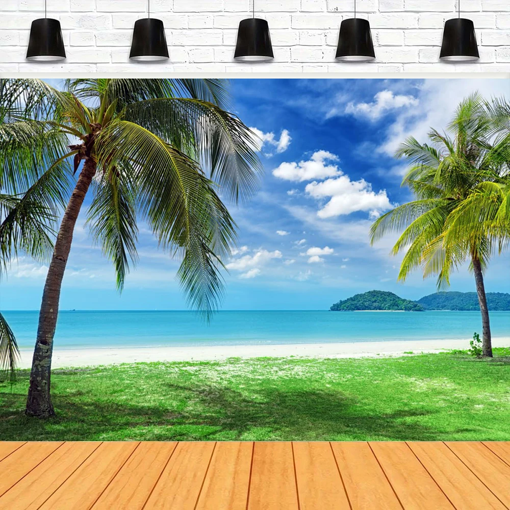 Photography Backdrop Tropical Beach Poster Ocean Hawaiian Luau Summer Sea Sailor Banner Party Sandy Beach Tree Background
