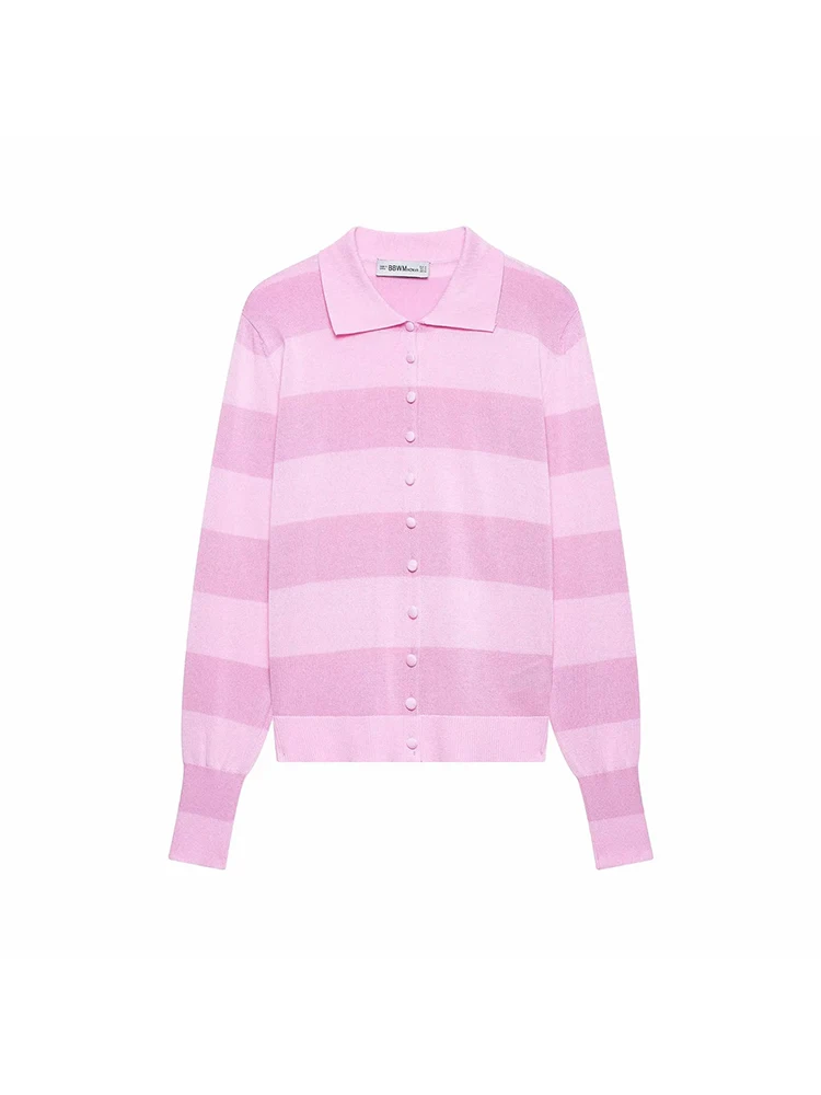 Women Fashion Striped Knitted Cardigan Elegant Women Single Breasted Long Sleeve Polo Collar Sweater Fashion Chic Knitted Tops