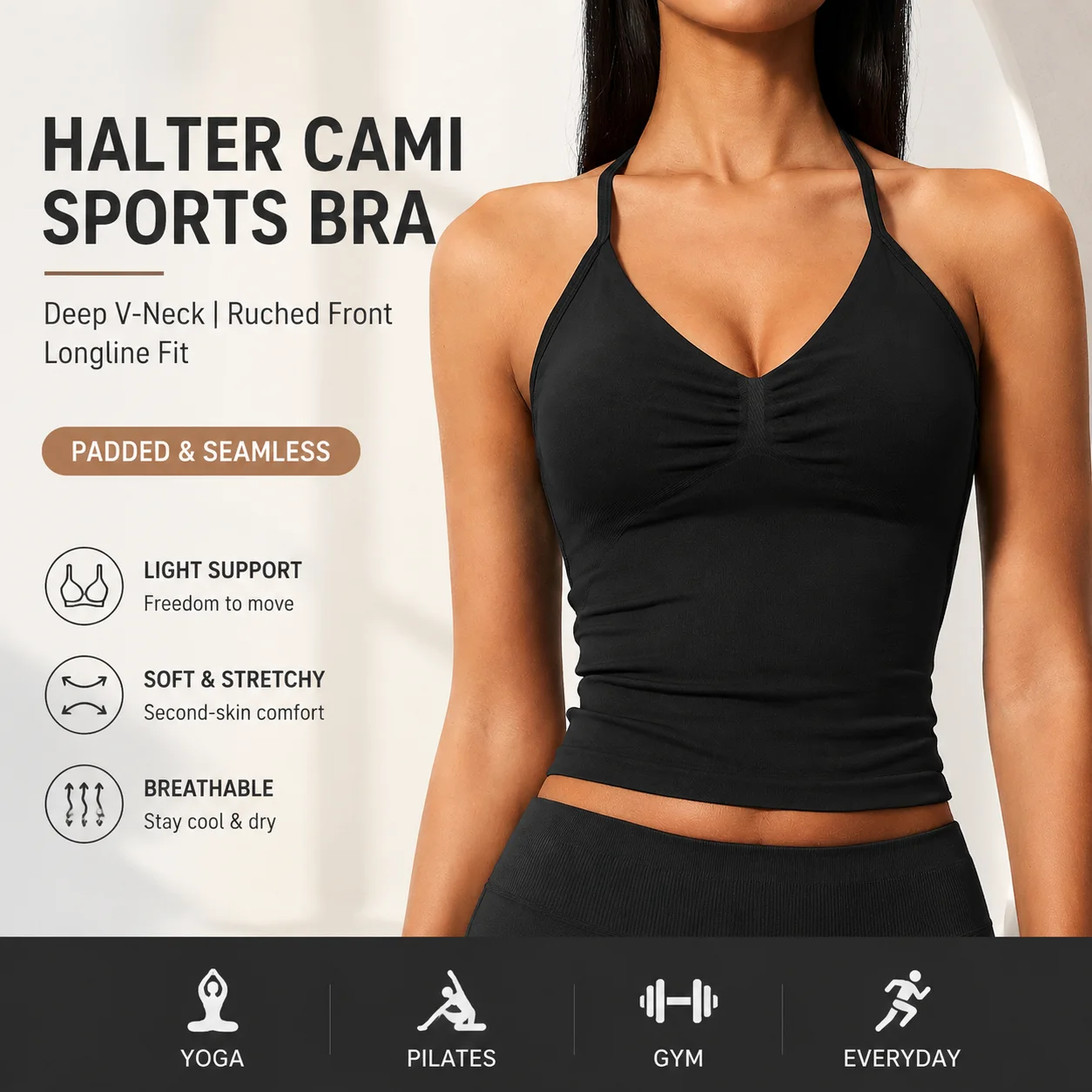 Women's Halter Cami Deep V-Neck Ruched Front Longline Sports Bra Padded Seamless Crop Top for Yoga Pilates Gym