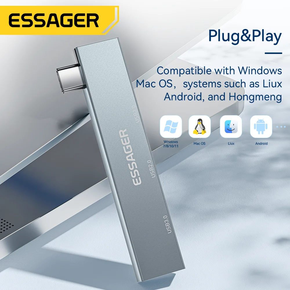 Essager 3 in 1 Type C to USB Hub 3 Ports C Extended Plug Portable USB C High Speed USB Hub For Macbook Pro Computer Accessories