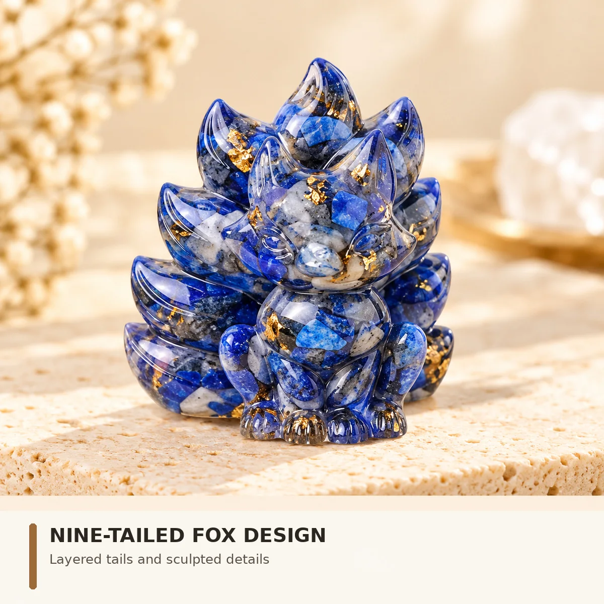 Nine Tailed Fox Figurine, Kitsune Decor, Crystal-Style Desk Ornament, Colorful Fantasy Gift