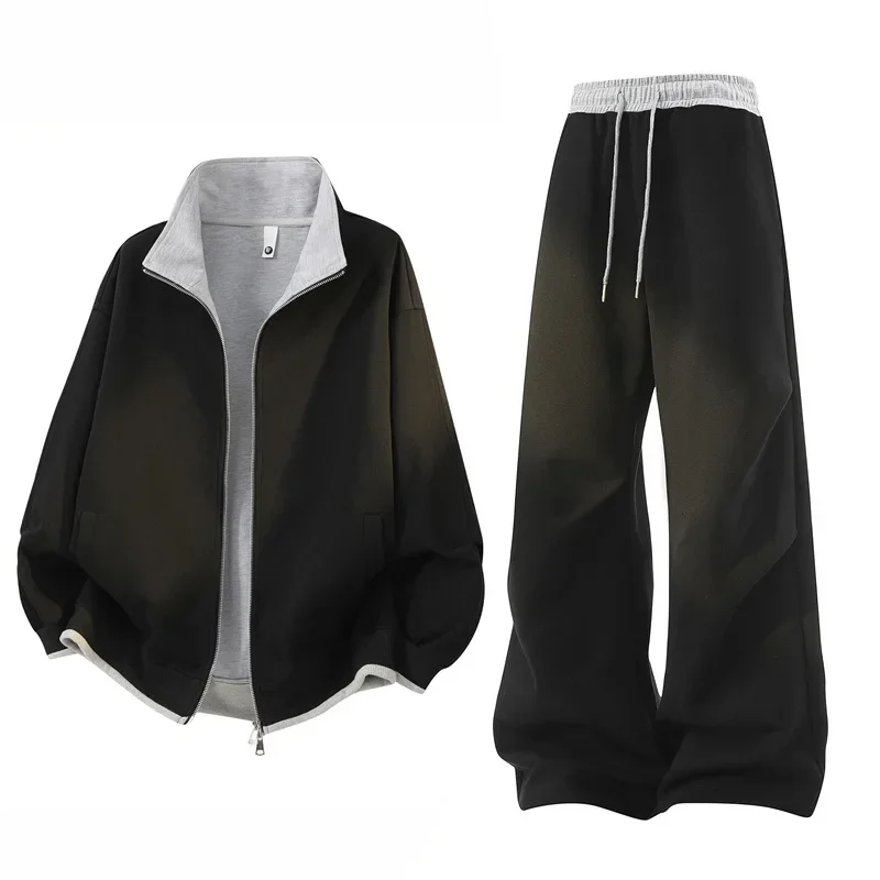 Men Women Stand Collar Jacket Straight Pants Two-Piece Set Lapel Jacket Loose Warm Jacket Straight Pant Sweatshirt Two-Piece Set