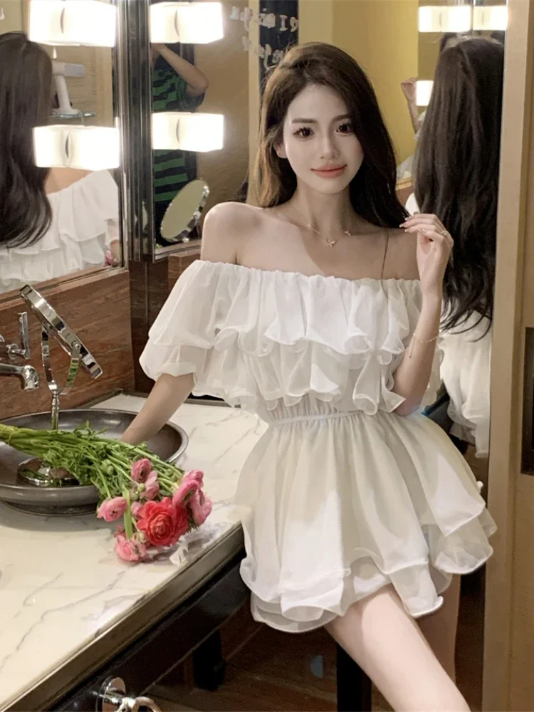 Coquette Kurzarm Off Schulter Sexy Mini Chiffon Satin Weibliche Kleid Seide frauen Kleider Kleidung Elastische Heiße Koreanische Mode