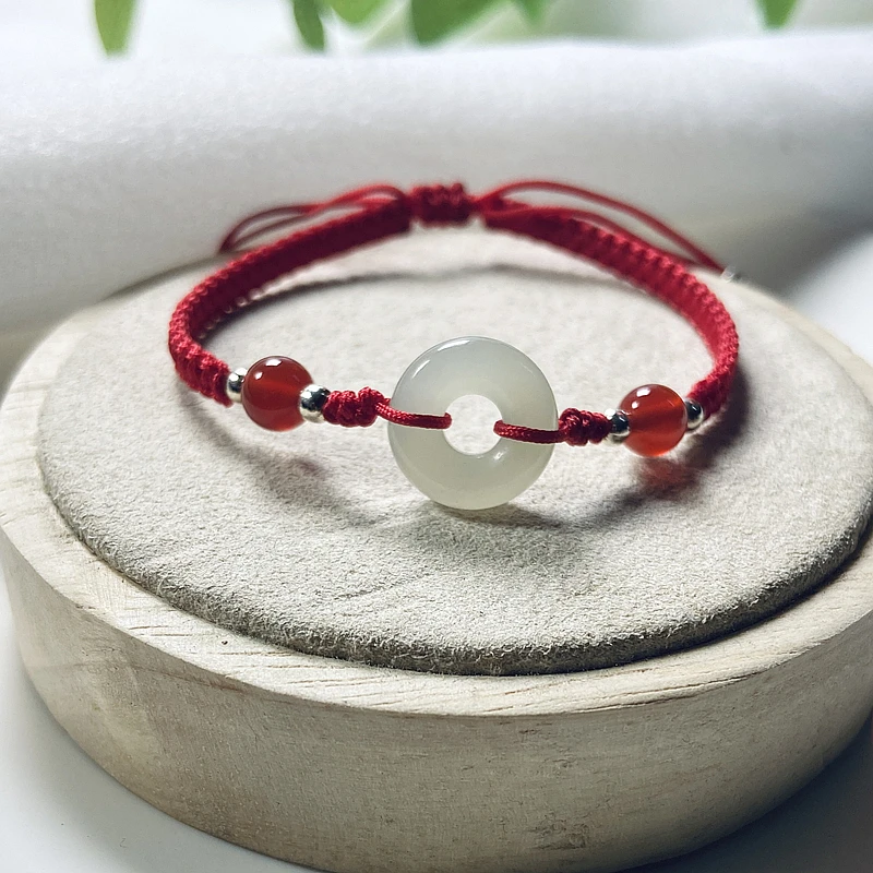 Natural Stone Hetian Jade Safe Buckle Hand Rope Braided Bracelet Gift New National Tide High Grade Romantic Female Charm Jewelry