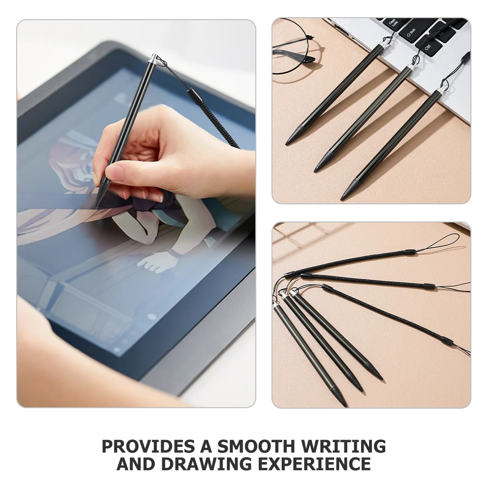 4 Buah Pena Stylus Layar Resistif Sentuhan Presisi Anti Hilang Tali Pegas Ujung Hitam untuk Tablet Layar Sentuh