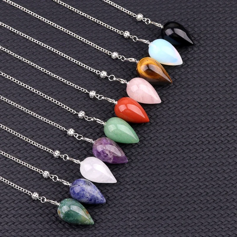 Péndulo de piedra en forma de gota de agua para adivinación, radiestesia, curación, colgantes de cadena de cristal, accesorios Wiccan de brujería