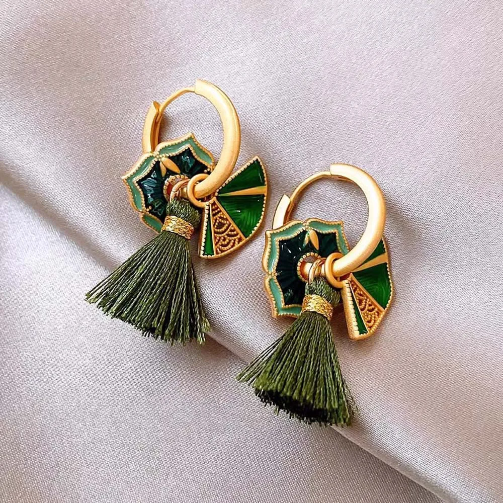 Enamel Drop Glaze Fan Hanfu Tassel Earrings Chinese Antique Style Long Tassel Ear Drop Cheongsam Tassel Ear Hooks