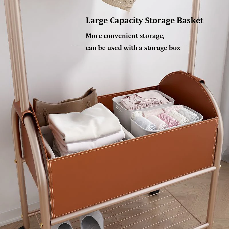 Light Luxury Movable Clothes Rack With Wheels Home Wardrobe Furniture Leather Storage Basket Coat Hanger for Bedroom Dormitory