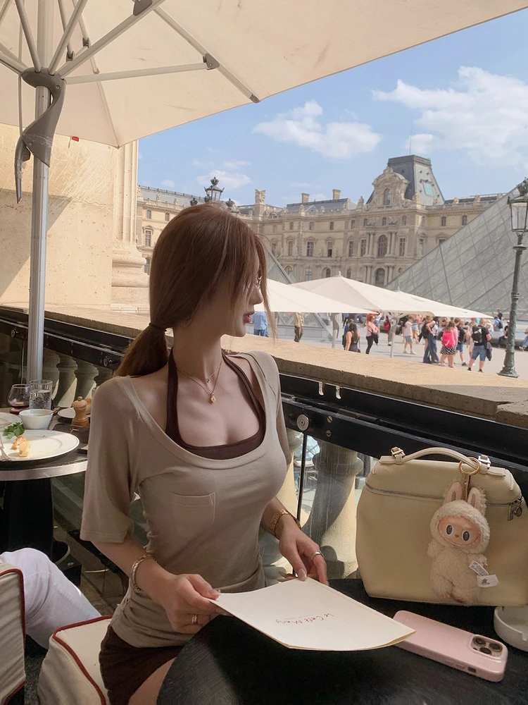 

Женский облегающий жилет JMOP Cru Relax Series с нагрудными вставками и футболкой на бретелях, летний модный комплект, повседневный, в полоску