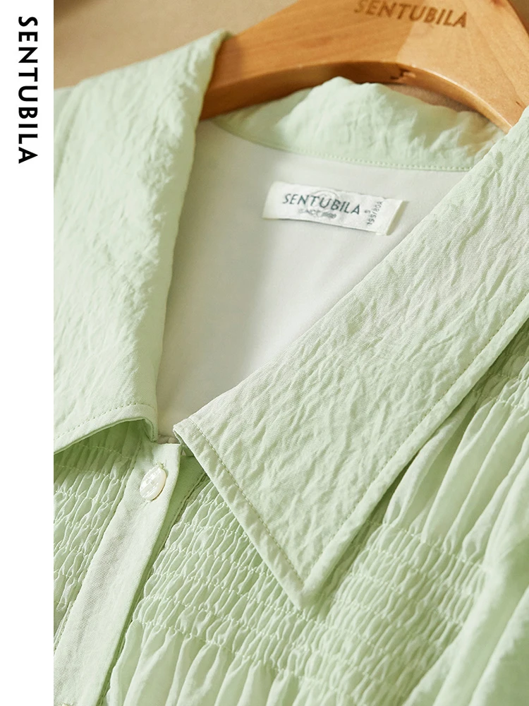 Sentubila abito camicia con cintura Smocked verde chiaro per donna 2023 elegante colletto rovesciato manica A sbuffo una linea abiti estivi al