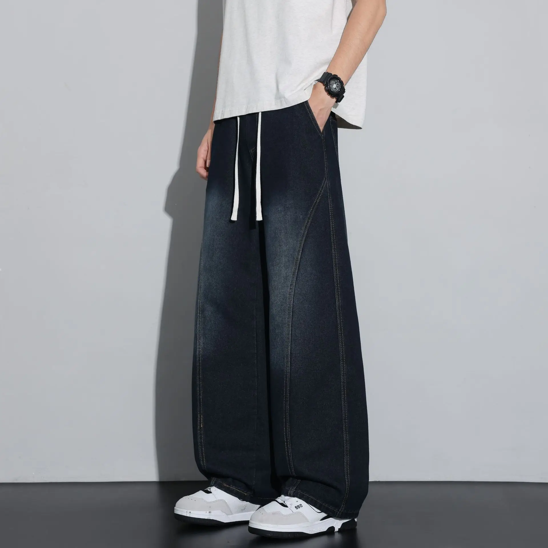 Men Light Wash Baggy Wide Leg Jeans Cotton Loose Relaxed Fit Drawstring Waist Stitched Detail Casual Streetwear Denim Trousers