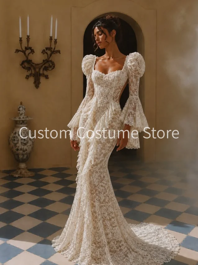 Champagne Modern Birde Mermaid Wedding Dresses Backless Bubble Long Sleeve Boning Holiday Bridal Gown Outfit Bespoke 2027