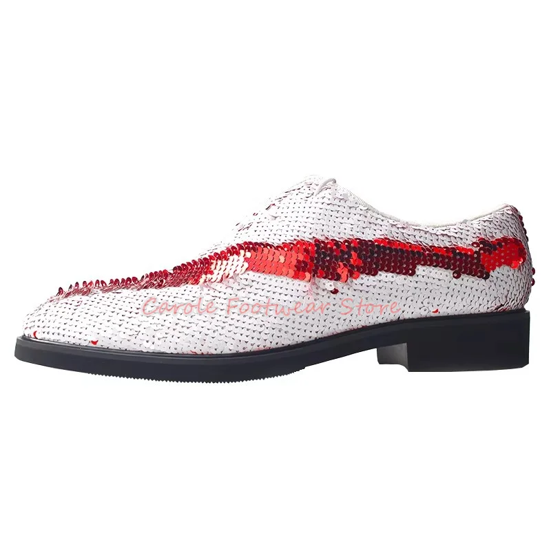 Bling Sequined Design Male Lace-Up Oxfords Round Toe Chunky Heel Shallow Derby Shoes Male Wedding Business Dress Loafers