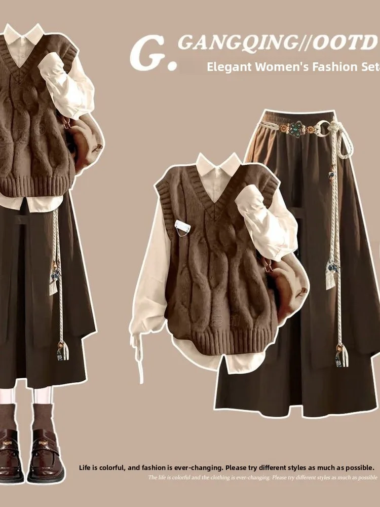 

Autumn Fashion Brown College Style Outfit Two-Piece Set Regular Sleeve Long Neck Polyester Blend Comfortable Universal Fit