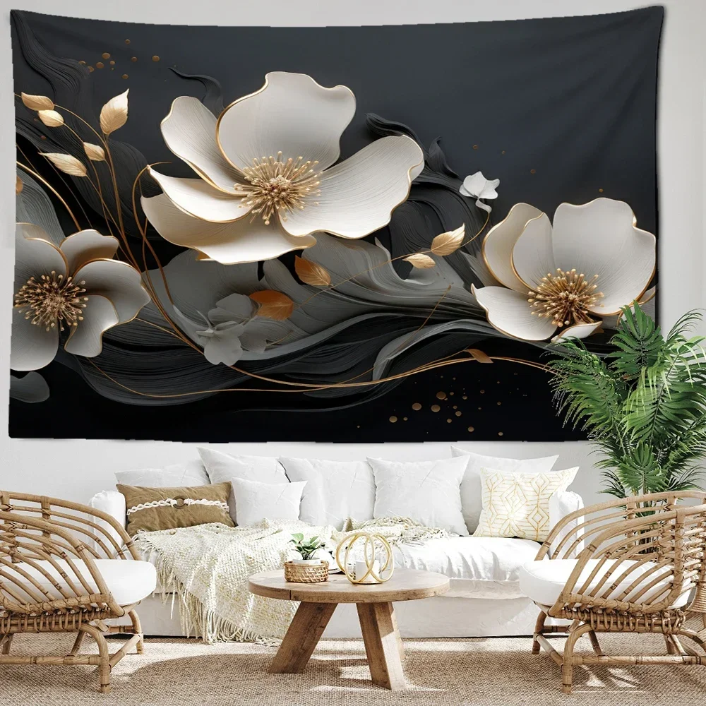 Black Gold Thread Flower Tapestries Wall Hanging Simple Abstract Art Living Room Home Decoration Tapestries