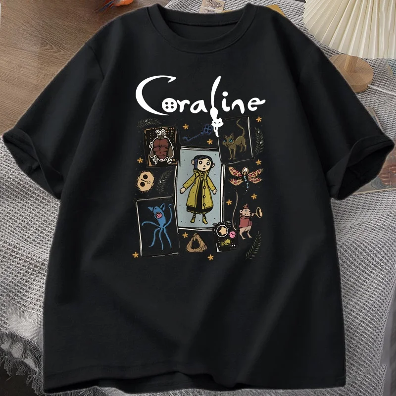 

Coraline loween Spooky Vintage T-irt ex Loose Fit ort Sve round Ne Print Casual Faion All Seasons Wear