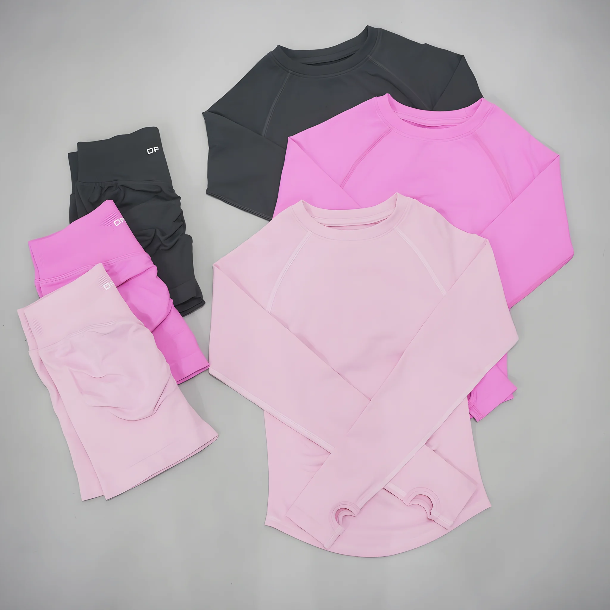DF LOGO Women 2 Pieces Seamless Yoga Outfit Long Sleeve Top High Elastic Tummy Control Quick Dry Breathable Gym Running Fitness