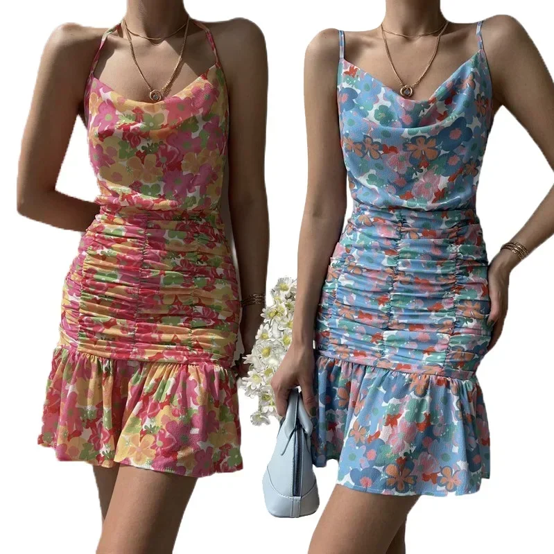 

24 New Flower Print Hip-wrapped Suspender Dress Fashionable And Sexy Spring And Summer Muse Mini Short Small Fishtail