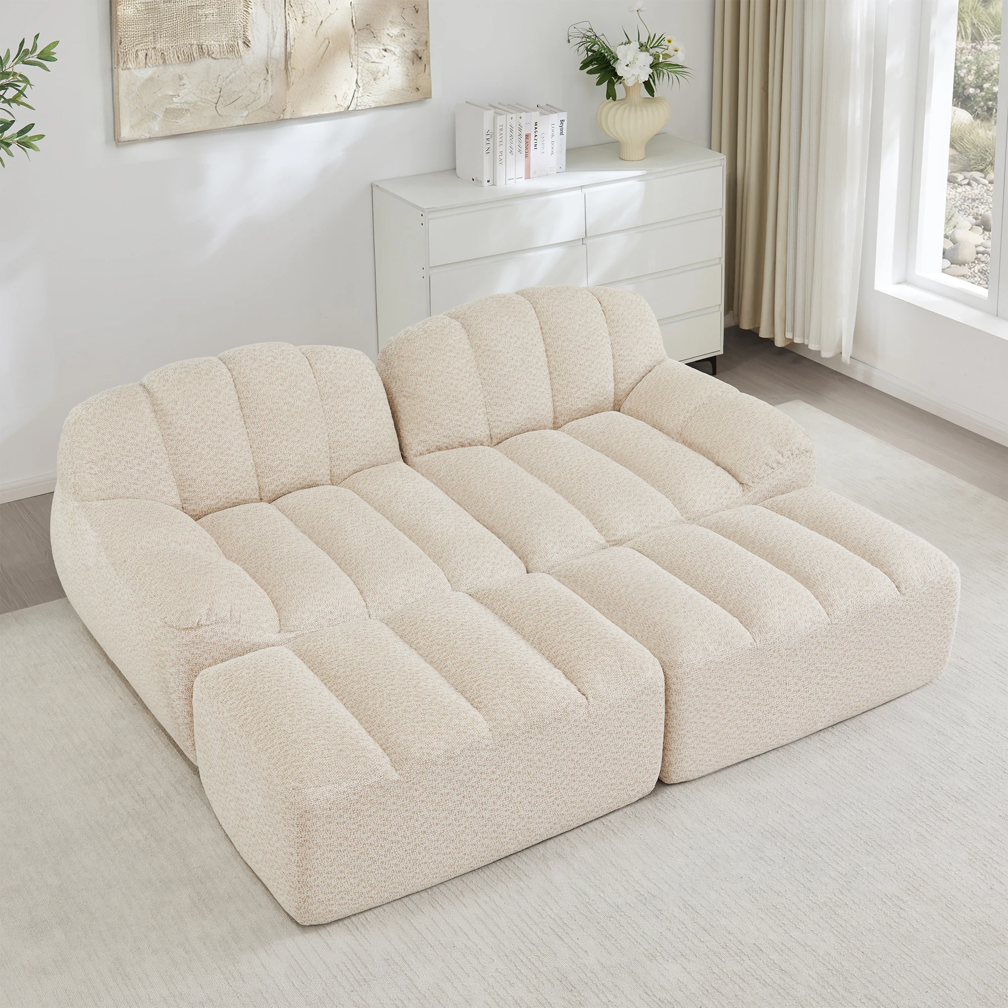 Canapé modulaire 2 places avec 2 chaises longues ergonomiques, sans cadre, antidérapant, en velours côtelé beige et blanc