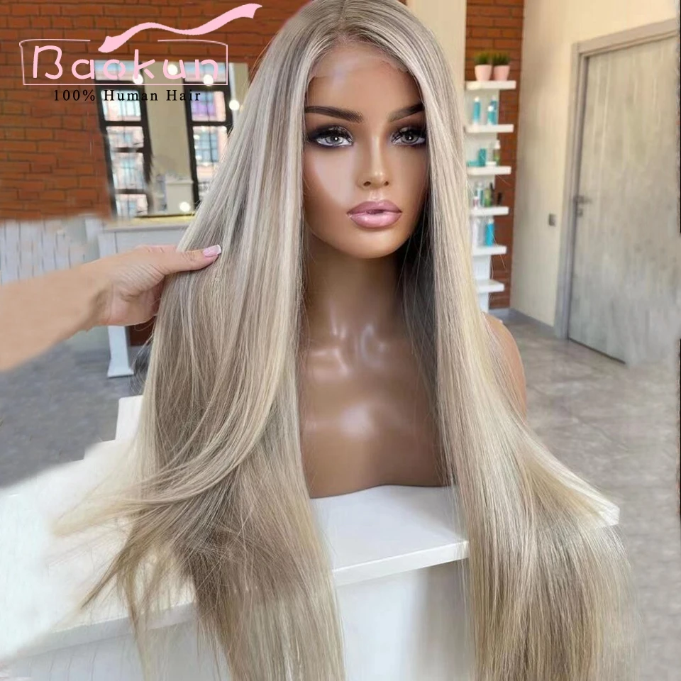 Ash Blonde Colorido Perucas de Cabelo Humano, Straight Lace Front Wig, HD Brown Destaque 360 Lace Frontal Peruca, Remy Brasileiro, 13x4, 13x6