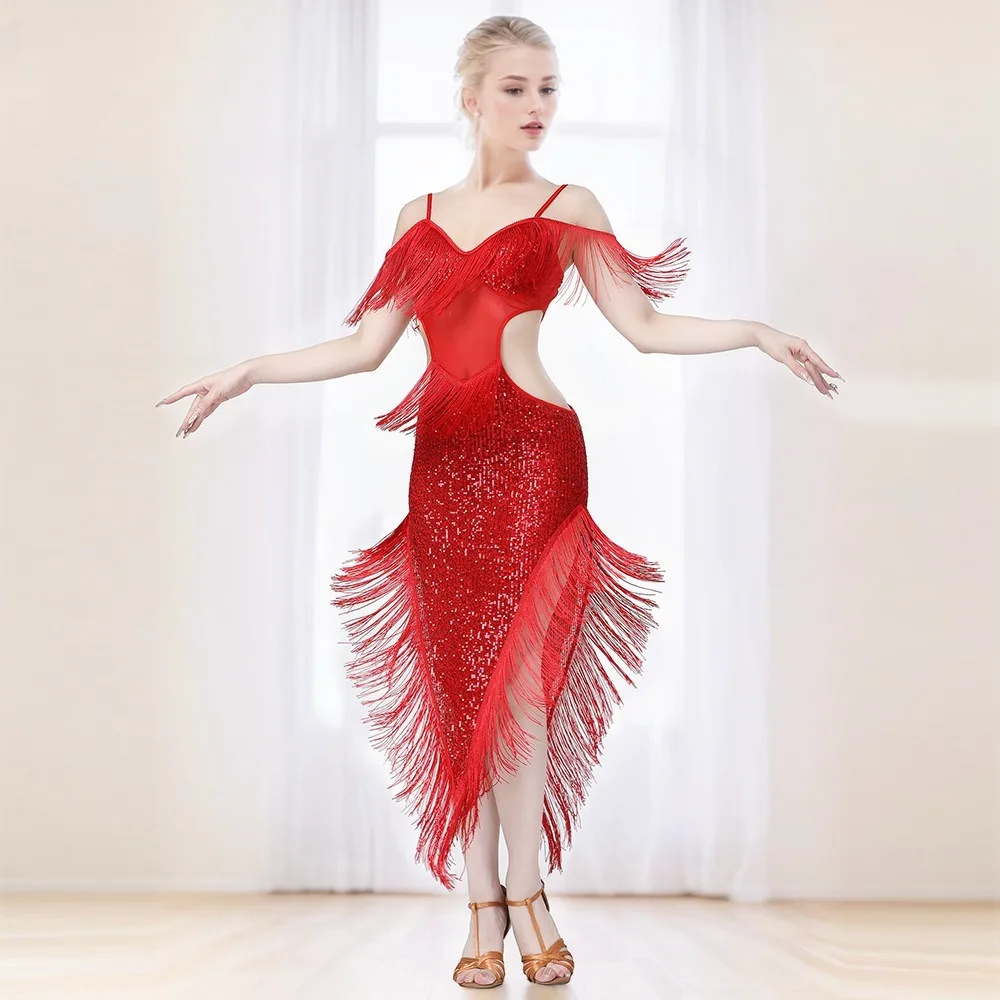 

Women Sequin Fringe Latin Dance Dress Irregular Hem Belly Dance Competition Skirt Sparkly Stage Performance Costume