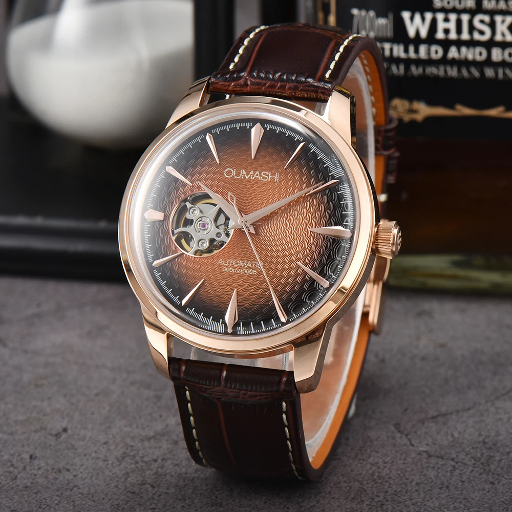 OUMASHI 40mm NH38 Cocktail Automatic Watch For Men 10ATM Waterproof Wristbatch Double Dome Tandorio Dive Clock Date Leather Band