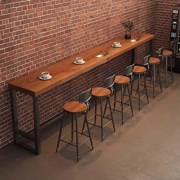 Solid wood household balcony against the wall narrow strip milk tea shop bar high table and chair combination