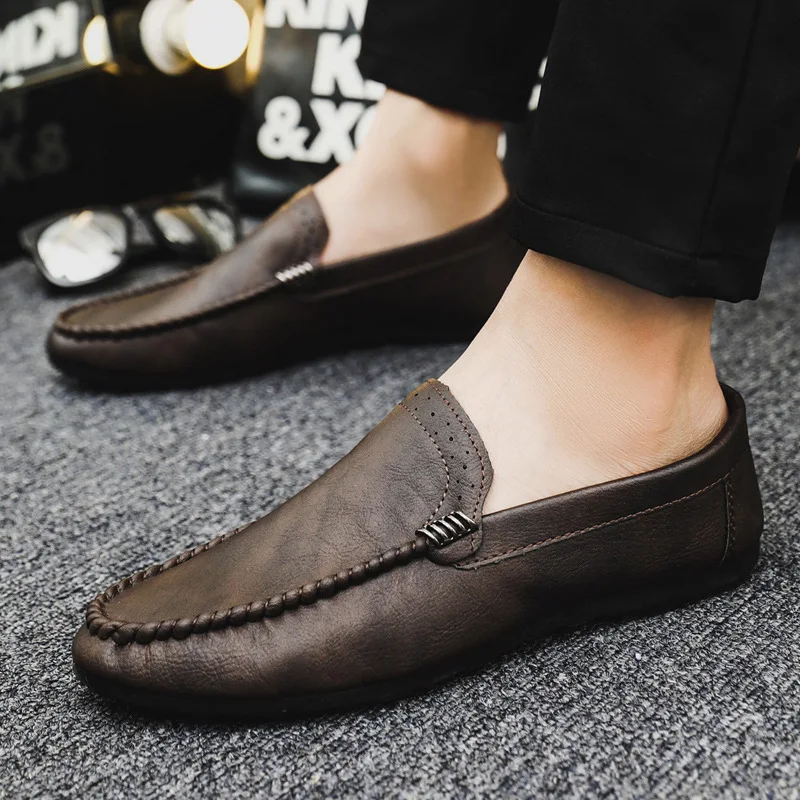 Black Leather Casual Social Formal Shoes Retro Brown Flat Heels New Large Size Breathable Handmade Men's Leather Shoes 39-44