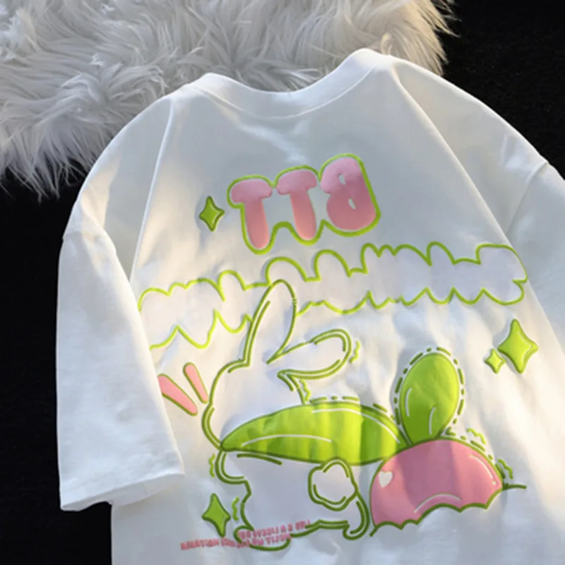 T-shirt Women 2024 New Summer Harajuku Style Foam Rabbit Carrot Printing Tshirt Casual Loose All-match Short-sleeved Top Tee