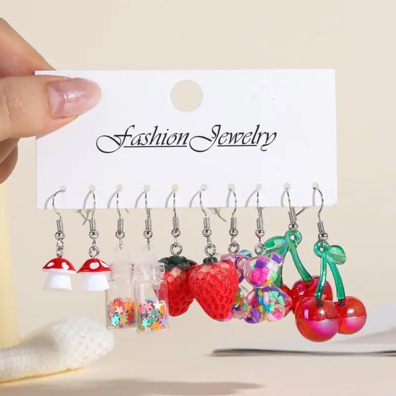 5/10Pairs Resin 3D Simulation Cartoon Earring Set, Stereo Cherry Strawberry Dangle Earrings, Cute Sweet Design.