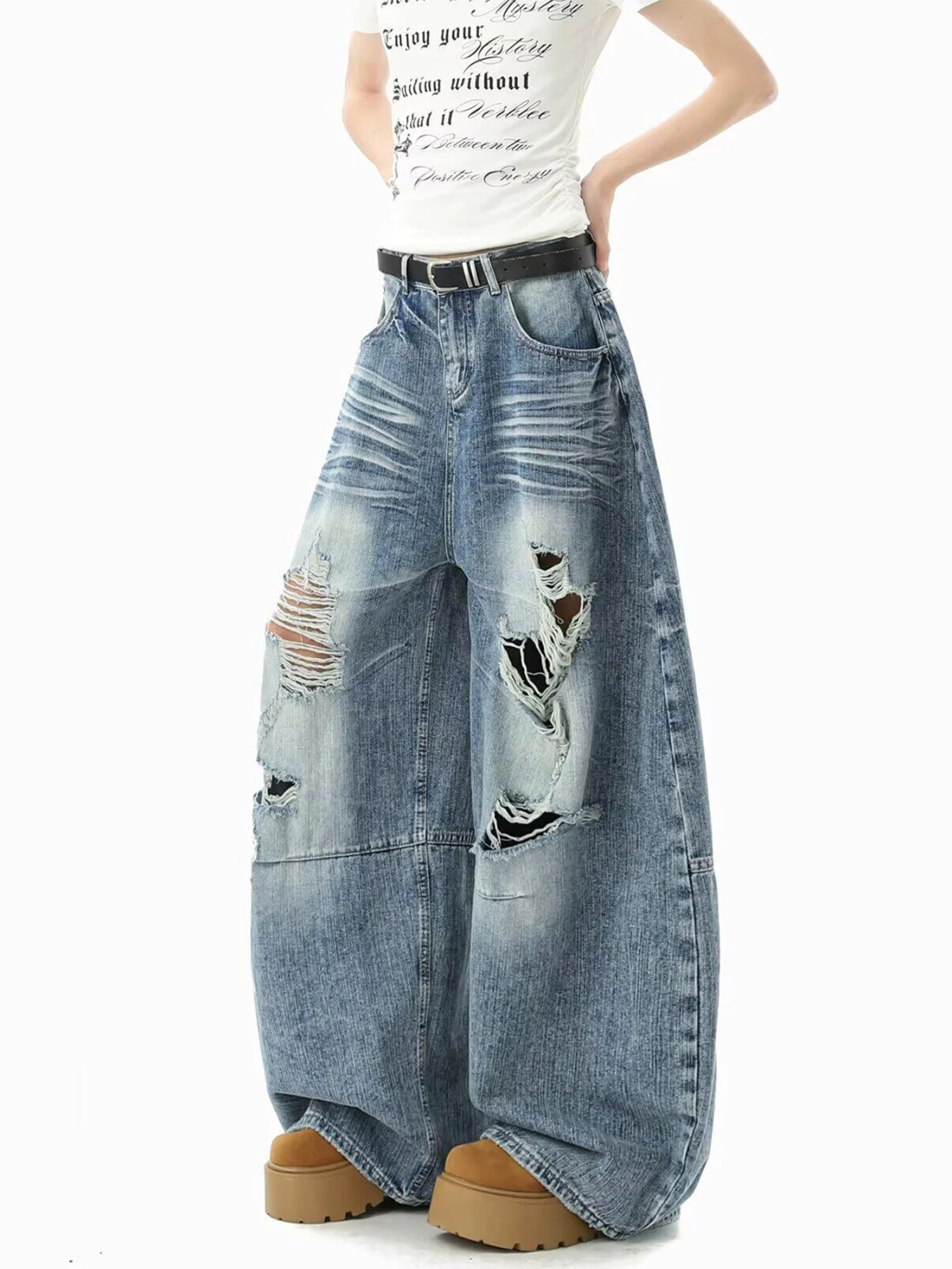 Women's Blue Y2k Ripped Jeans Vintage Hiphop Grunge Oversize Jeans Pants Baggy Straight Denim Pants Alternative Clothes Summer