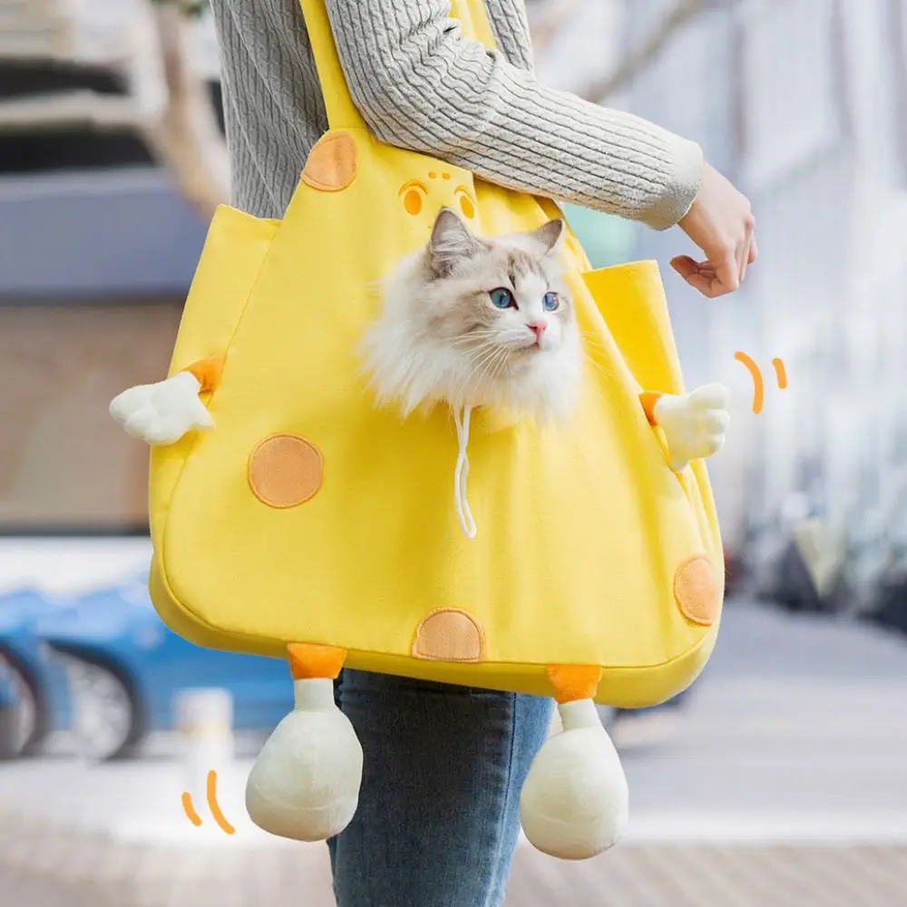 Cute Cartoon Cat Shoulder Bag Folding Canvas Cat Carrier Bag Breathable Dog Crossbody Bag with Hole For Cats Puppy