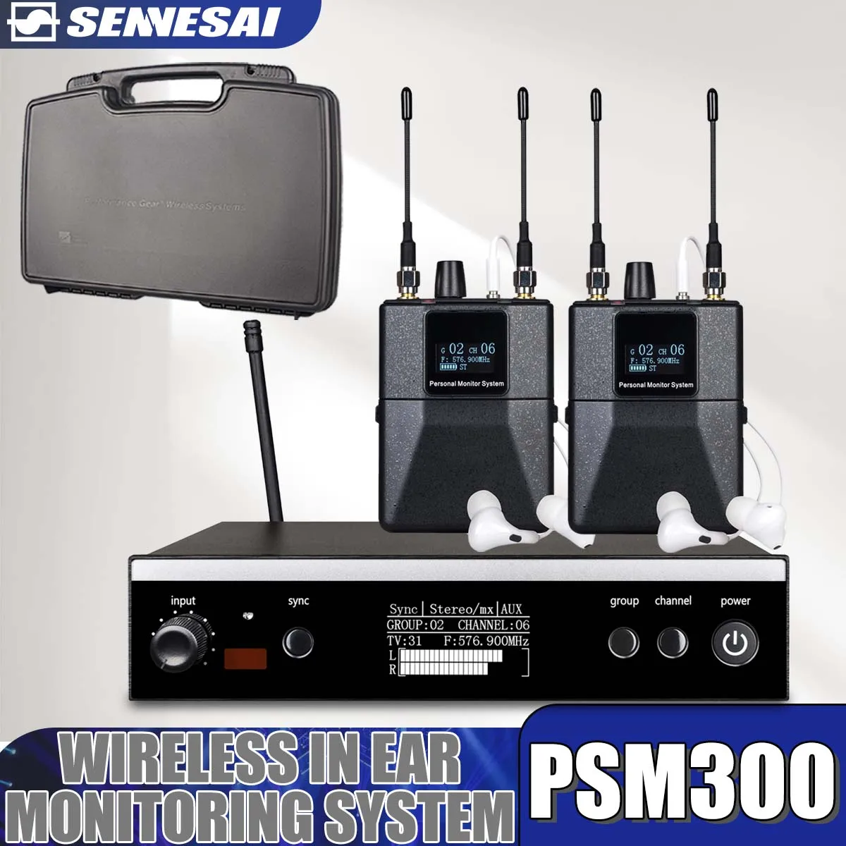 SENNESAI PSM300 Stereo Wireless UHF In-Ear Monitoring System For Bands 500MHz 100mW 24-Bit Digital DSP Processor Audio，suitcase