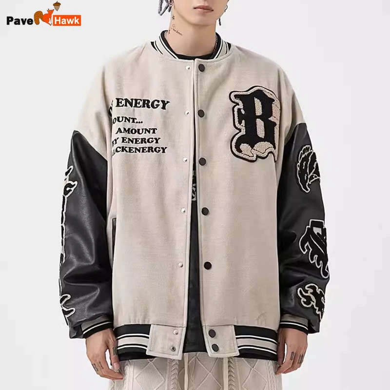 

Spring Bomber Jacket Men Flocking Hip Hop Loose Casual Patchwork Coat Unisex High Street Varsity Baseball Outwear Embroidery New