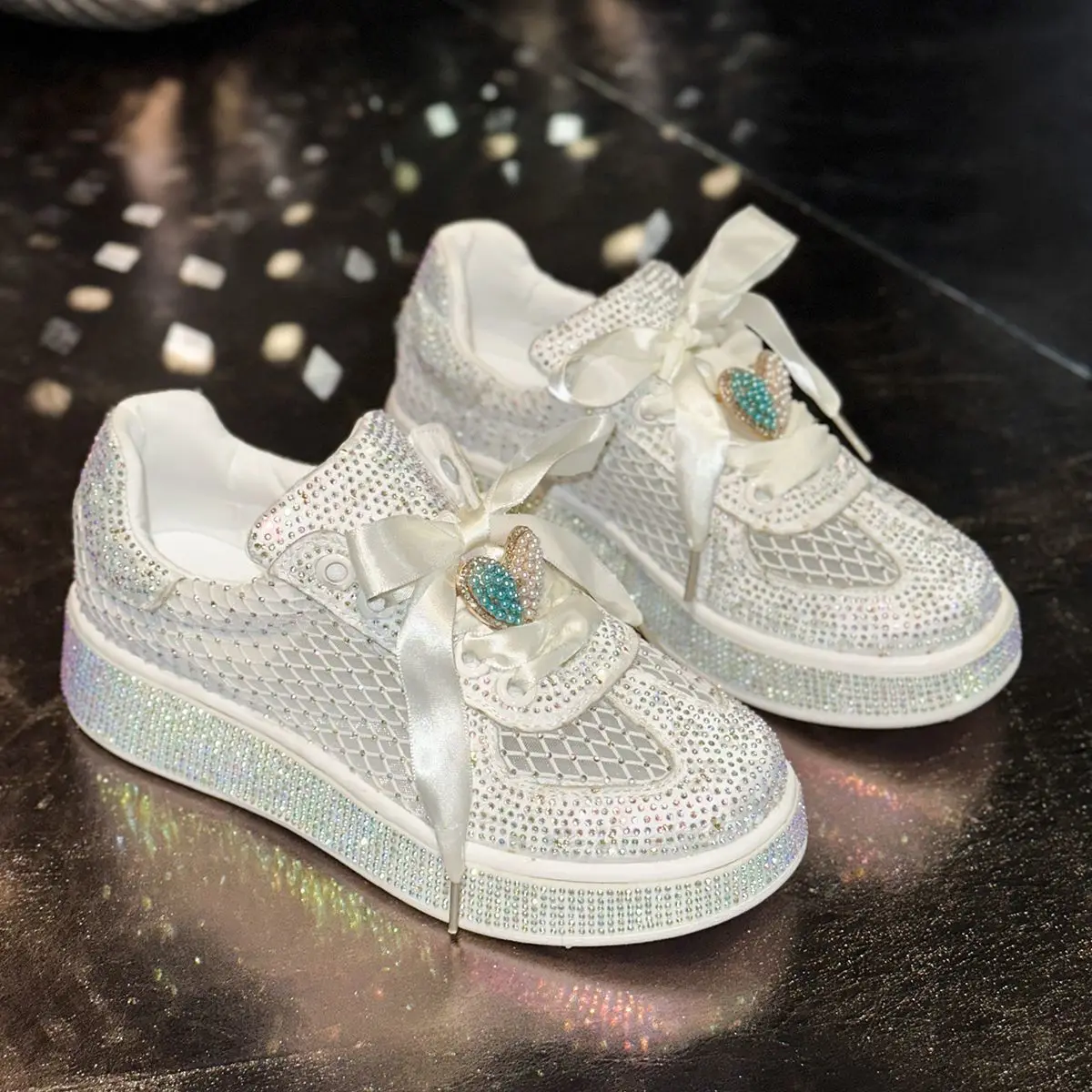 

Women's Summer Sports Shoes Sparkle Rhinestone Lace-up Luxury White Shoes Mesh Breathable Street Korean Fashion Girl's Sneakers