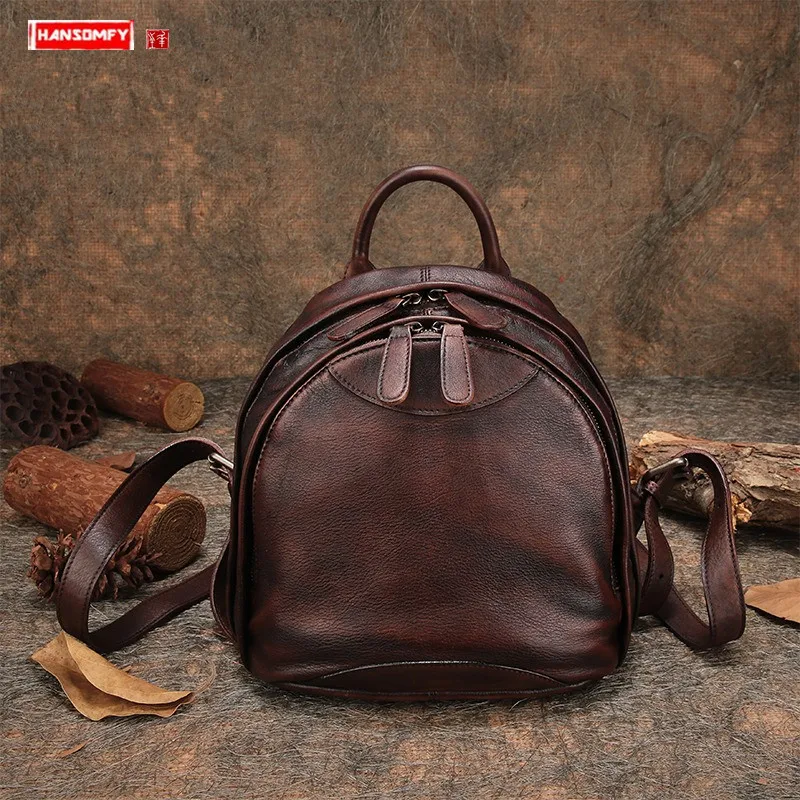 

2024 New Leather Women Backpack Casual School Bag Female Travel Backpacks Top Layer Soft Cowhide Large Capacity Retro Original