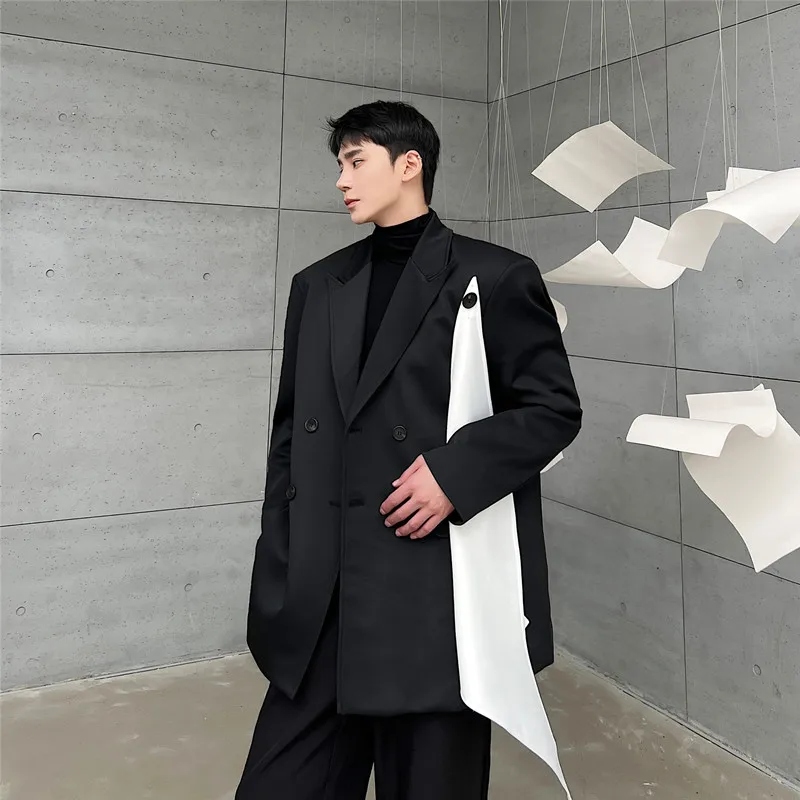 

Spring 2023 Men's Casual Double-breasted Suit Air Layer Trendy Fashion Show Style Color Block Fake Two-Piece Suit Long Sleeve
