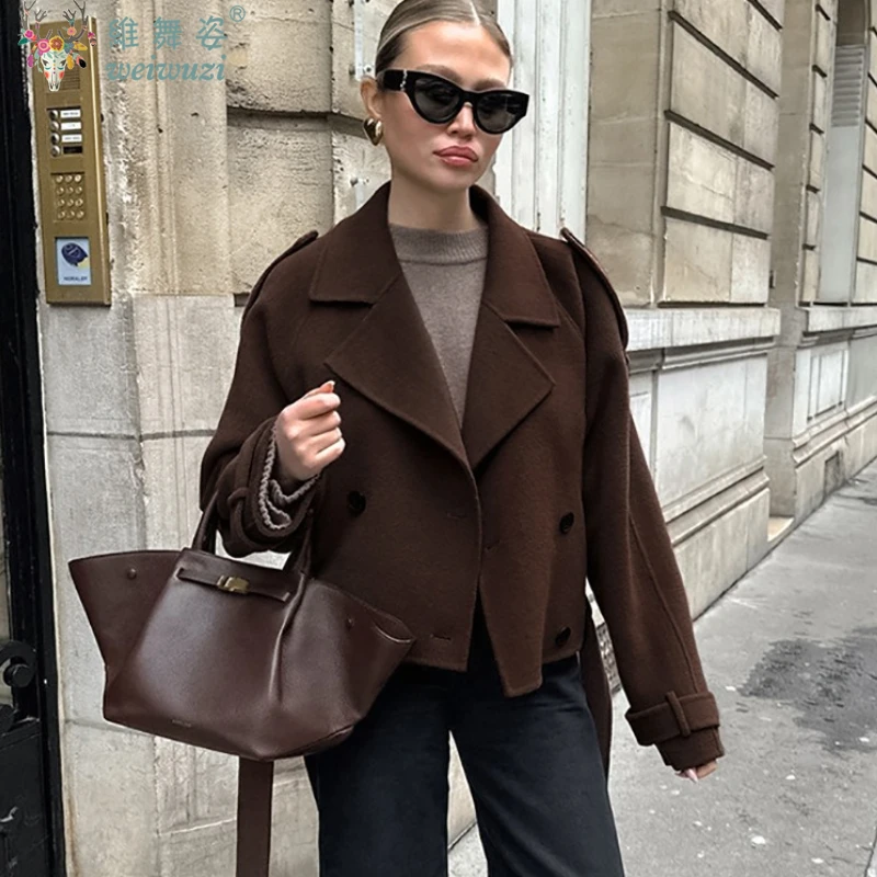 

Elegant Women Short Solid Woolen Coat Warm Chic Lapel Double-breasted Long Sleeve Jackets Top Autumn/winter Lady Street Outwear