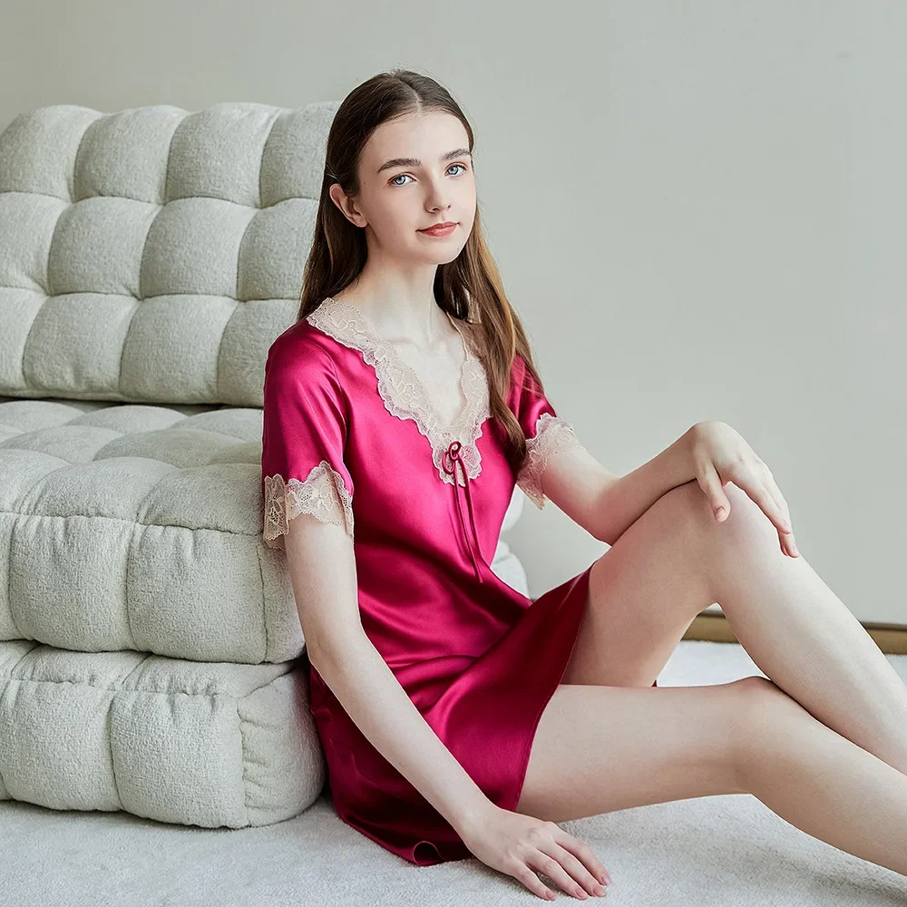 

Lace Trim 100% Mulberry Silk Female Chemise Sleepwear Short Sleeves Nightdress Bow Tie Home Dressing Gown Lingerie Nightdress PJ