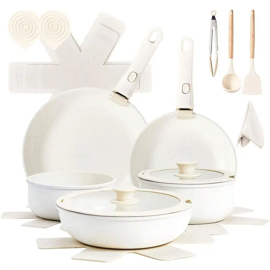 19-Piece Cookware Set, 5 Pots And 2 Lids, Removable Handles, Non-Stick Pots And Pans, Microwave & Oven , Dishwasher , Cream Whit