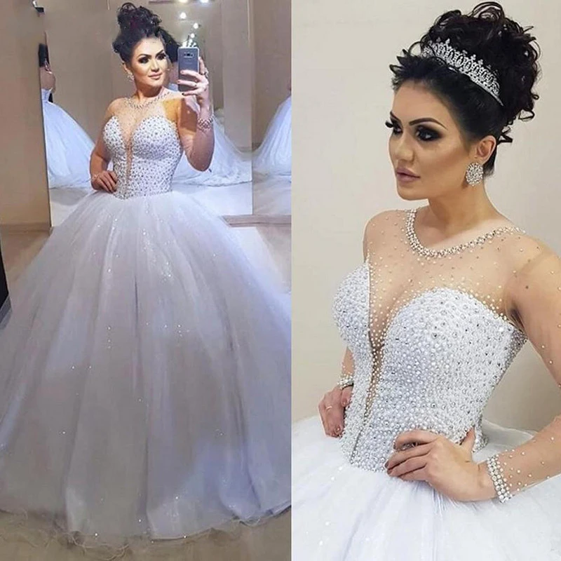 New Arrival Crystal Beads Ball Gown Wedding Dresses Dubai Saudi Arab Illusion Neck Puffy Tulle Bridal Wedding Gowns