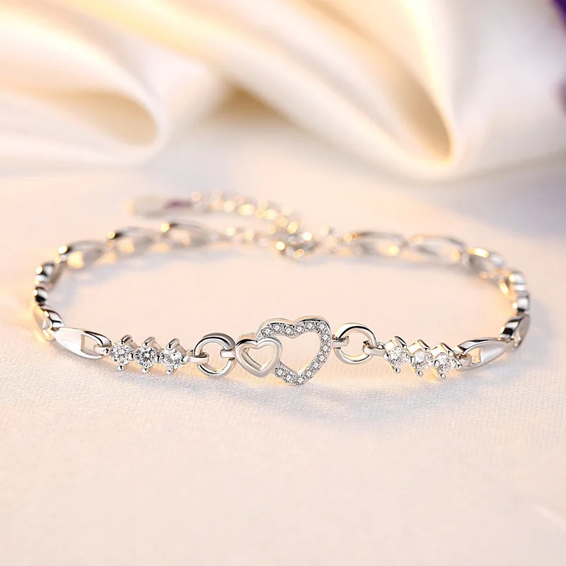 New 925 Sterling Silver Bracelet Purple Crystal Zircon Heart For Woman Grace Charm Bracelet Jewelry Gift