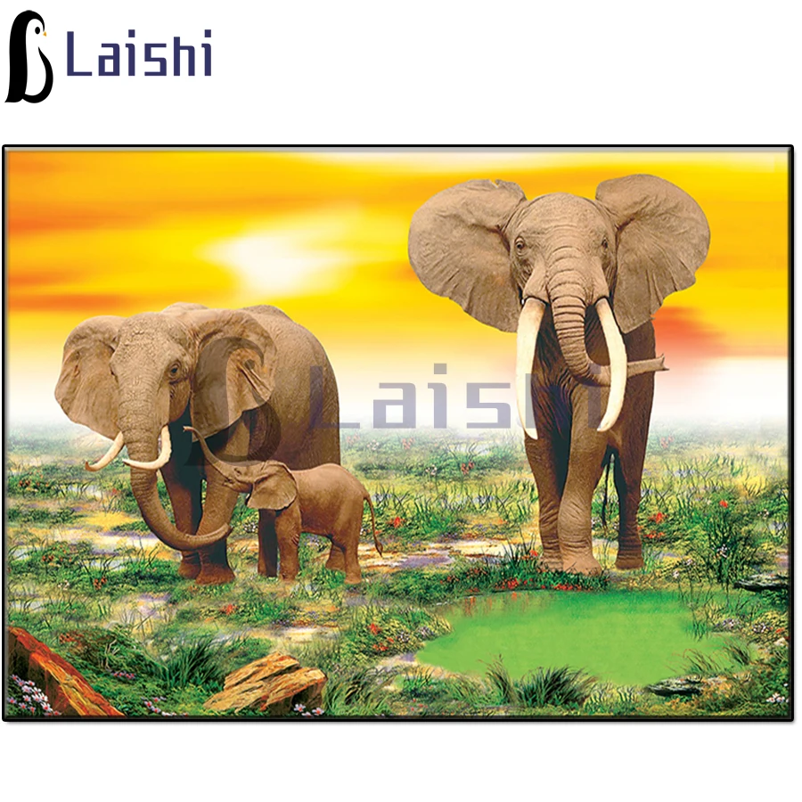 Round Diamond Painting for Home Decoration, Sunset, Elephant Family, Natural Scenery, Animal Mosaic, Embroidery, New Year Gift