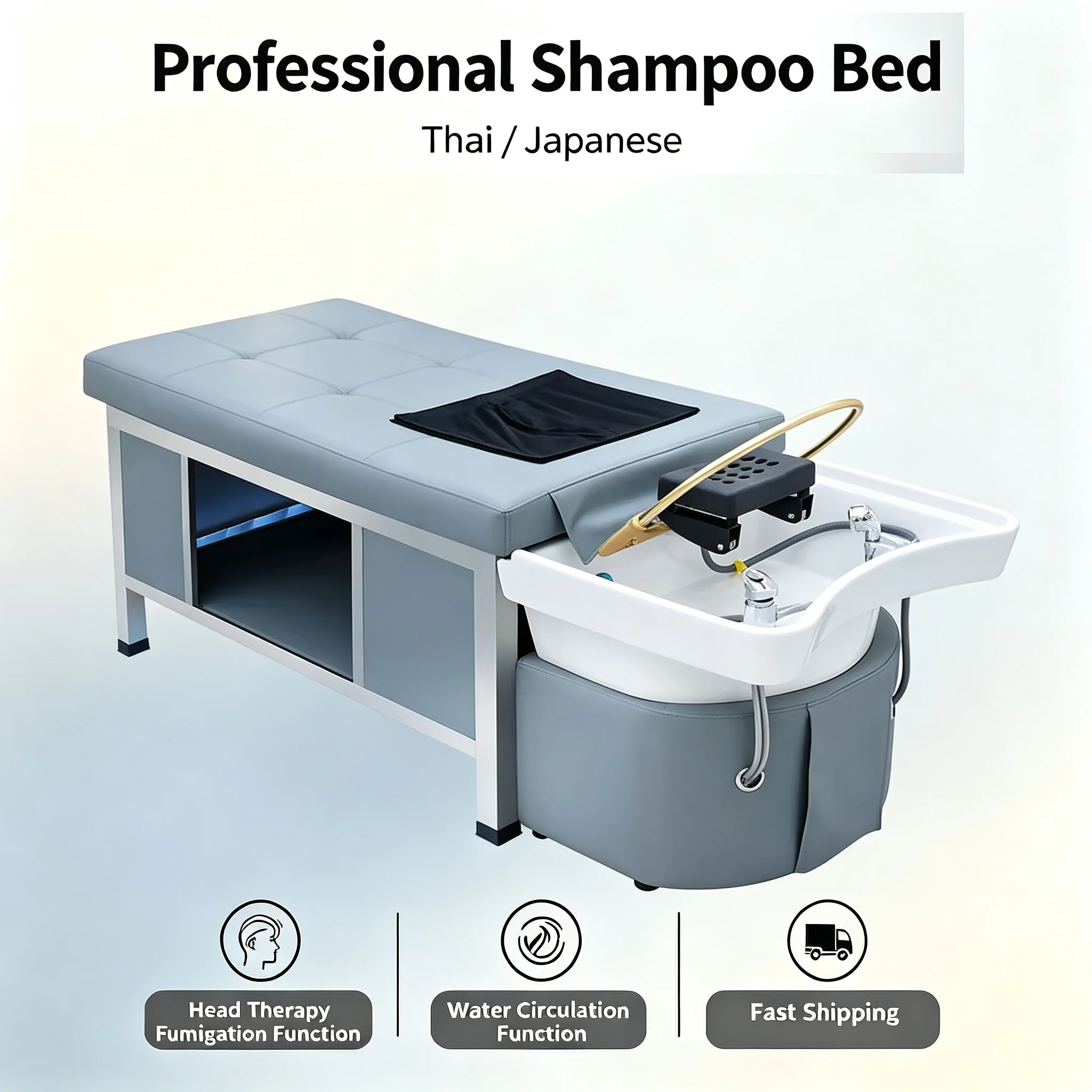 Thai Style Shampoo Bed with Built-in Water Circulation Cabinet Reclining for Salon Barbershop Spa