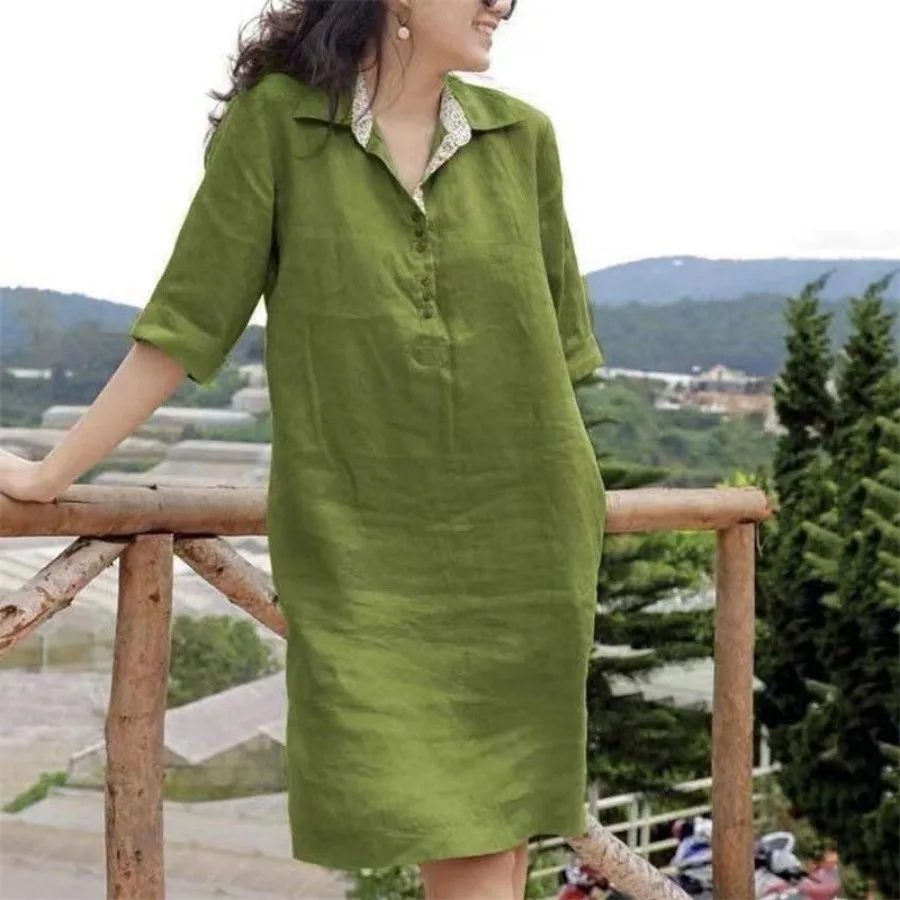 New 2024 Women\'s Casual Shirt Long Dress Oversized Lapel V-neck Buttons Neckline Half Sleeve Solid Dress Female Vestidos S-5XL