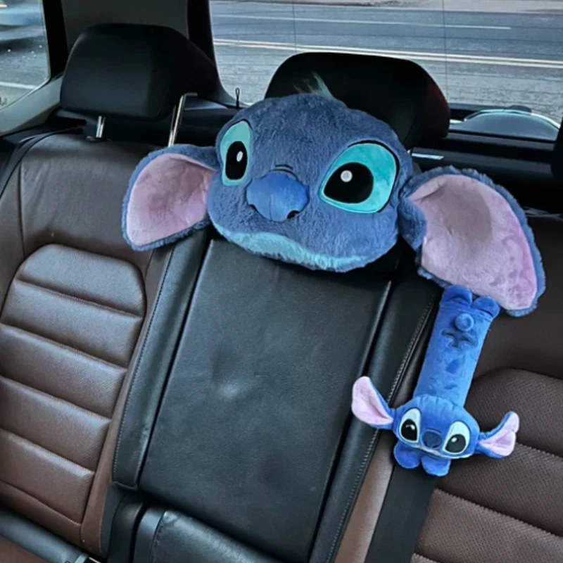 Stitch Seat Belt Protective Cover Cute Cartoon Soft Plush Car Headrest Neck Pillow Fashion Car Tissue Box Decor BIrthday Gift