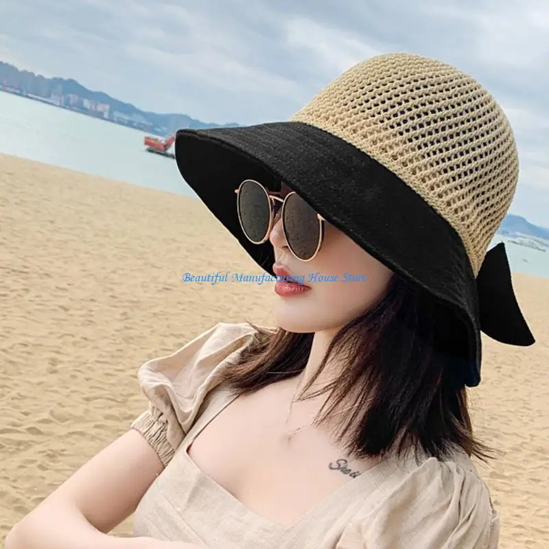 E56A Womens Summer Mesh Top for Sun Visor Beach Hat Split Floppy Wide Brim Sweet Bowknot Holiday Outdoor Sunscreen Packable Cap