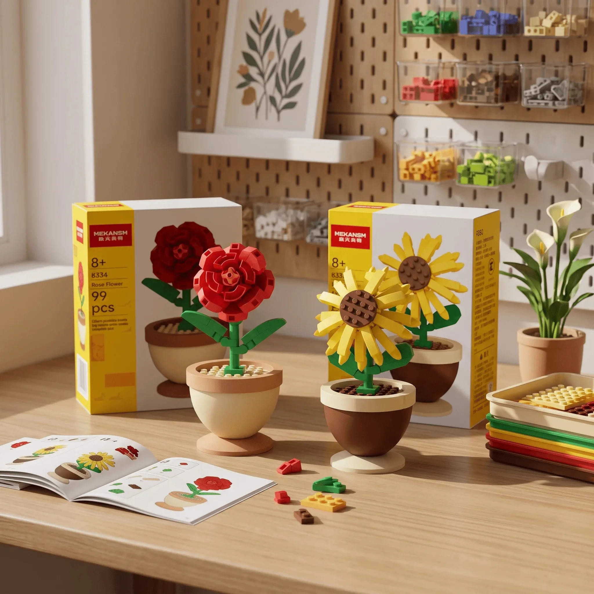 DIY Potted Flower Building Blocks, Mini Rose Sunflower Daisy Plant Brick Model, Botanical Desk Decor, Gift for Boy Kid Adult