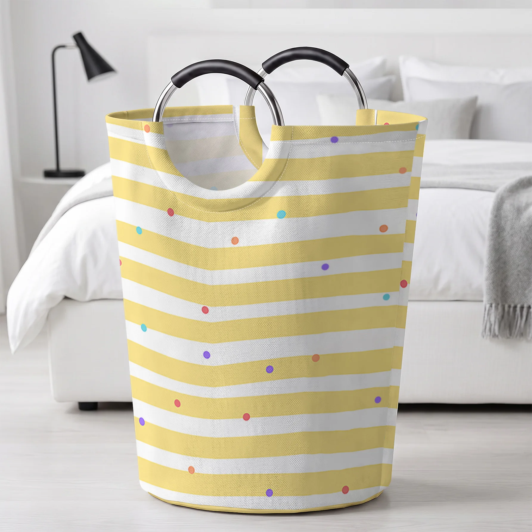 Yellow White Stripes With Colorful Dots All Over Print Handheld Storage Basket, For Laundry, Bedroom & Home Sundries Storage