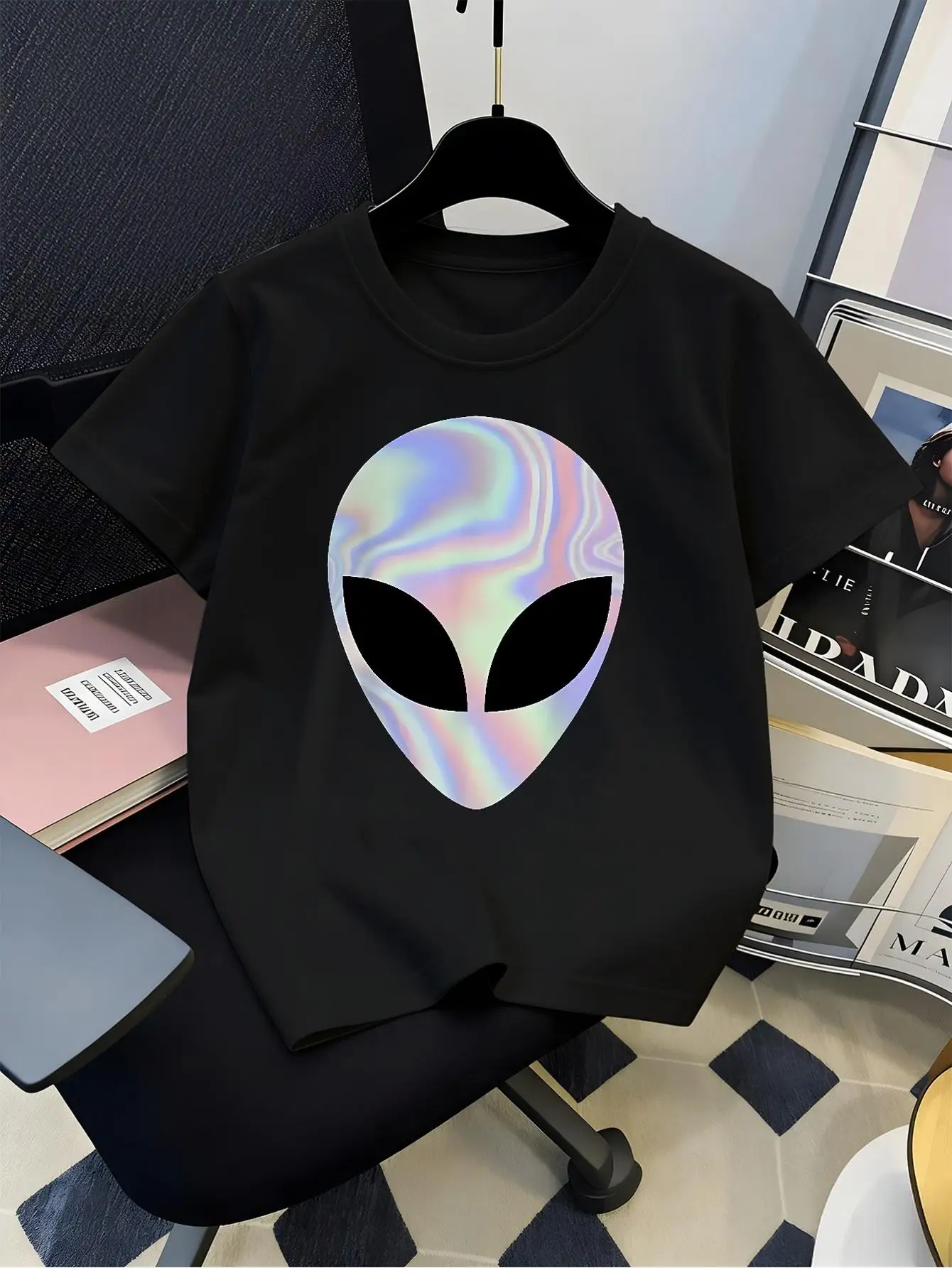 Kids Holographic Alien Head Space Graphic Tee Boys Girls Family Matching Short Sleeve Trendy Casual Everyday Wear T Shirt